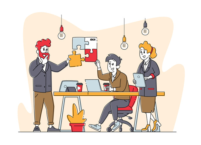 Characters Group Work Together Set Up Colorful Separated Puzzle Pieces. Teamwork, Cooperation, Collective Work, Partnership. Linear People Vector Illustration