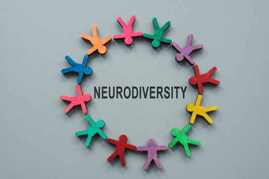 A circle from colorful figures and sign neurodiversity.